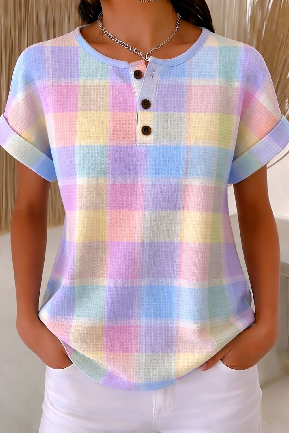 Koszulka damska waffle kolorowy nadruk graficzny wzór geometryczny vintage stylowy klasyczny krótki rękaw okrągły dekolt zwykłe koszulki codzienne fioletowy pomarańczowy lato wiosna 2026 - $24.99 –P2