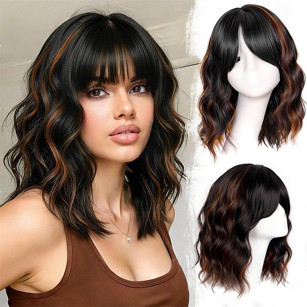 Black Mixed Brown Wig with Bangs Short Wavy Bob Wigs for Women Synthetic Shoulder Length Hair Natural Looking Curly Wig Heat Resistant Hair Replacement Bob Wigs (14 Inch) 2026 - $30.99 –P1
