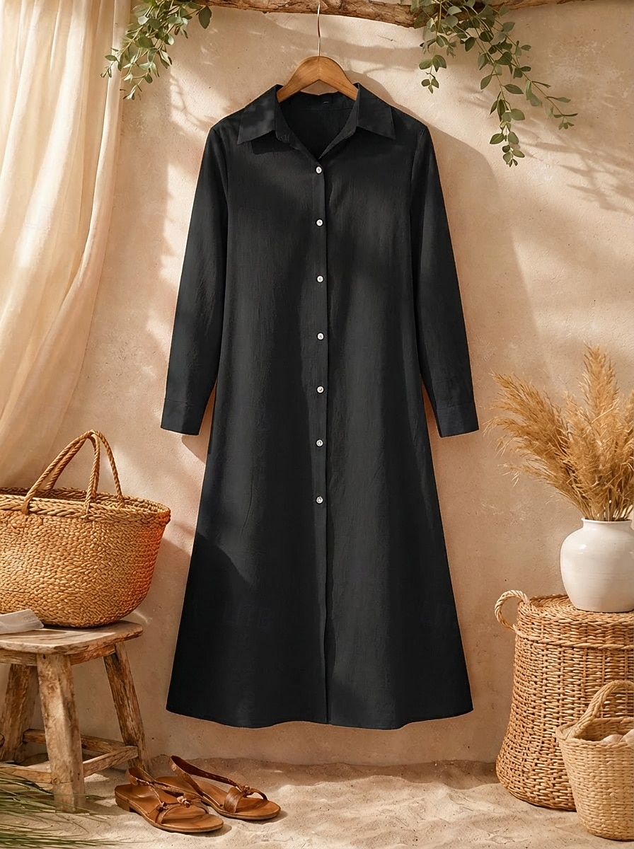Women's Midi Dress Linen-feel Dresses Shirt Dress Casual Dress A Line Dress Fashion Basic Modern Daily Vacation Going out Regular Fit Plain Long Sleeve Shirt Collar Blue Black Wine Orange Spring Fall 2026 - $27.99 –P7