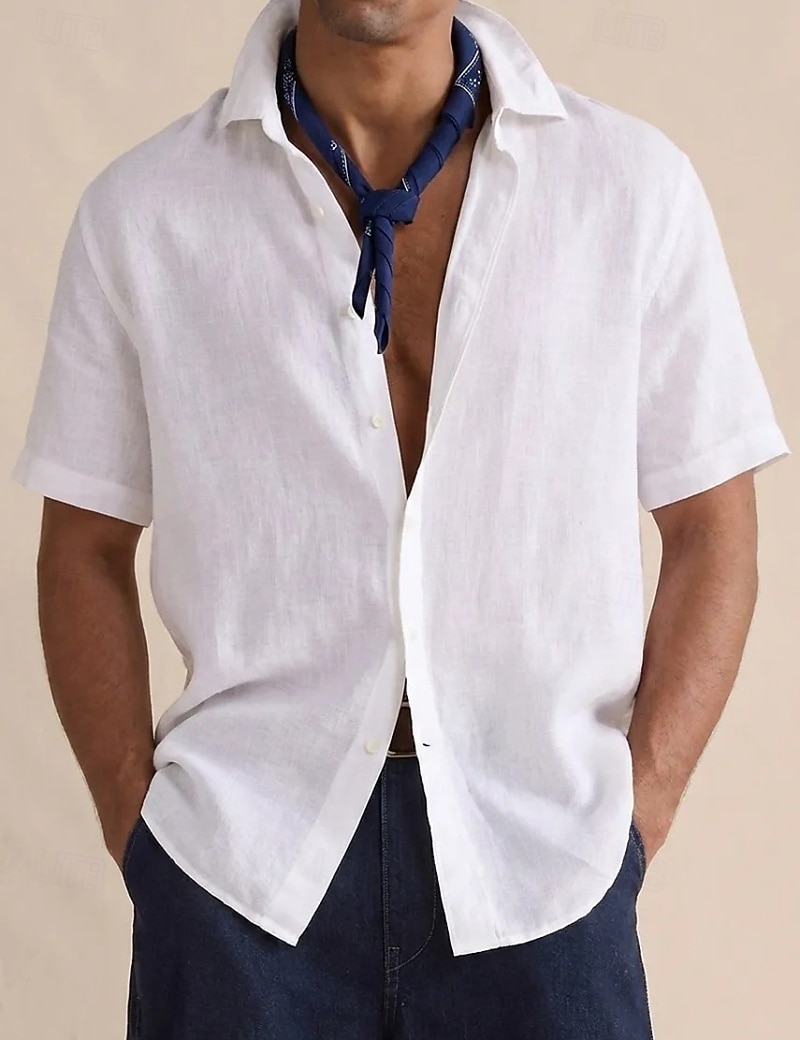 Men's Shirt Linen Shirt Button Up Shirt Solid Color Vacation Street Black White Yellow Light Green Short Sleeve Shirt Collar Summer Spring Clothing Apparel Buttons 2026 - $22.99 –P1
