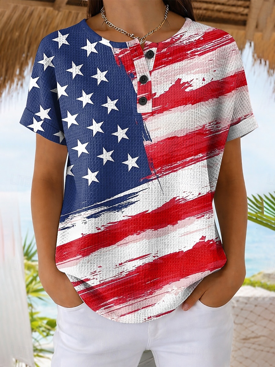 American Independence Day Women's Waffle T Shirt Print Graphic Flag Stylish Classic Casual Short Sleeve Crew Neck Regular Tops Daily Blue White Red Summer Spring 2026 - $24.99 –P3