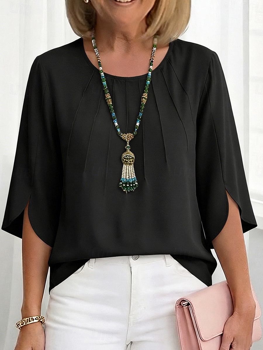 Dames Blouse Chiffon-topjes Met ruches Effen Klassiek Modern Casual Halve mouw Strakke ronde hals Normale tops Dagelijks Buiten Feestdagen Wit Lichtgroen Smaragdgroen Rose Roze Licht Blauw Zomer Lente 2026 - $21.99 –P4