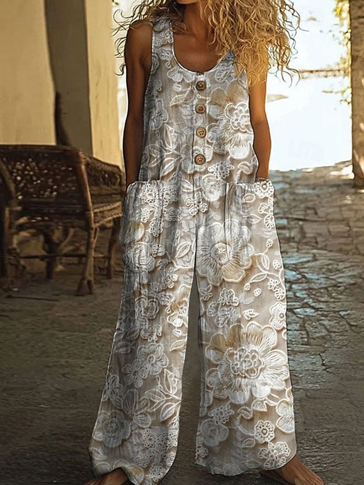 Women's Jumpsuit Active Floral Sleeveless U Neck Pocket Buttons Daily Vacation Loose Fit Khaki Gray Summer 2026 - $29.99 –P3