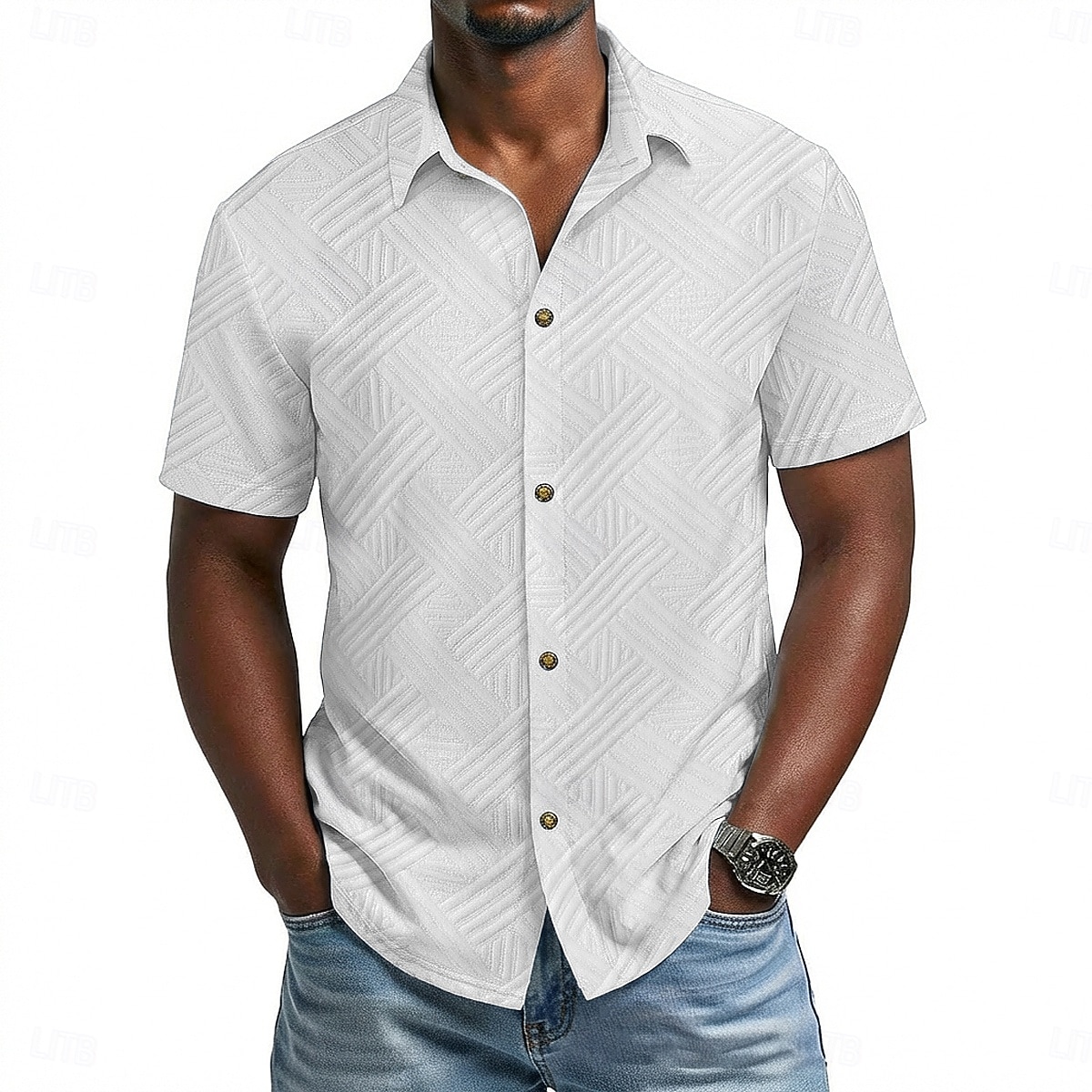 Voor heren Overhemd Normaal shirt Overhemd met knopen Jacquard overhemd Zwart Wit Abrikoos Grijs Licht Blauw Korte mouw Geometrisch Effen Revers Casual Dagelijks Jacquard Kleding Elegant Modieus 2026 - $25.99 –P3