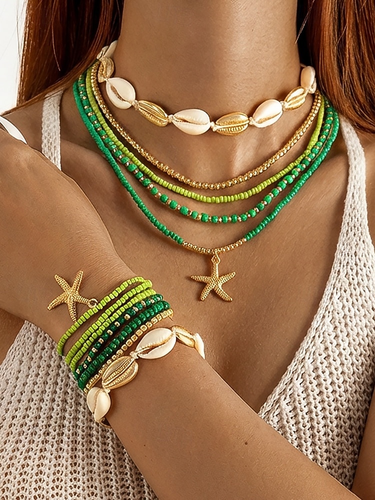 Women's Multi-Layer Beaded Necklace and Bracelet Set with Starfish Pendant – Alloy Material, Bohemian Style, Colorful, Perfect for Vacation, Beach and Daily Casual Wear 2026 - $12.76 –P18