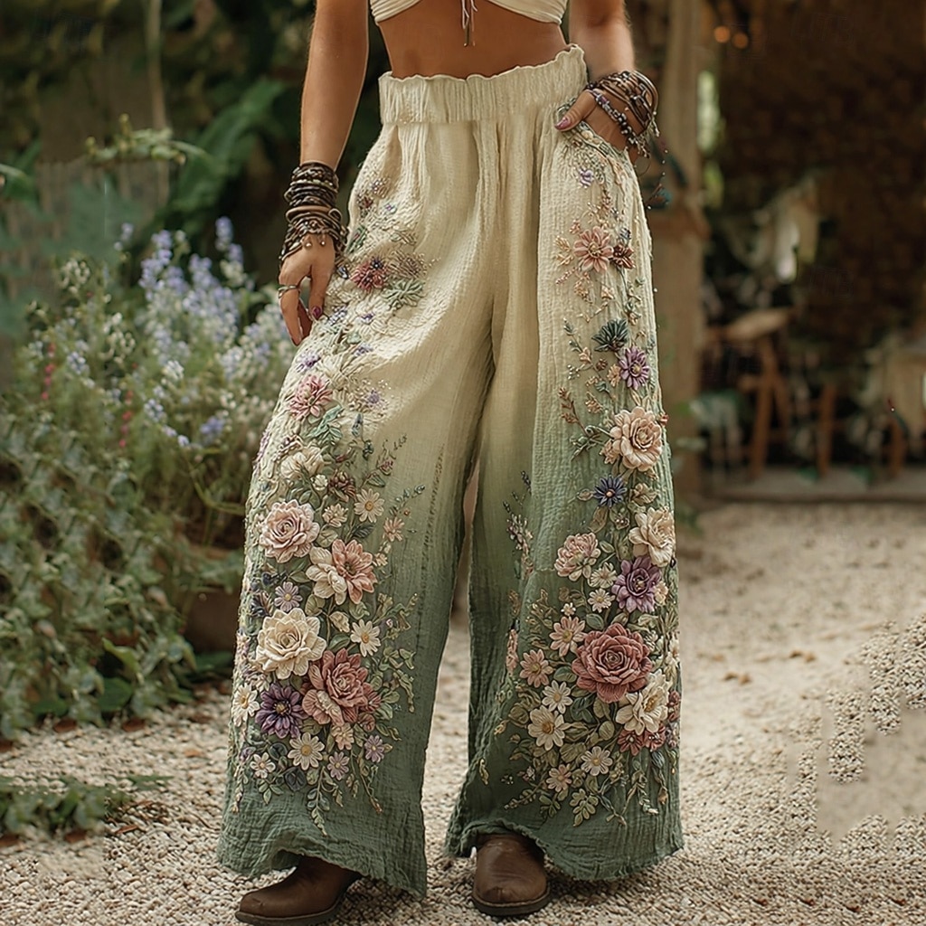 Dames Breed Been Broeken Palazzo-broek Vintage Boho Volledige lengte Hoge taille Bloem Elastische taille Opdrukken Ademend Comfortabel Straat Alledaagse kleding Uitgaan Licht Paars Oranje Groen Beige 2026 - $22.99 –P5