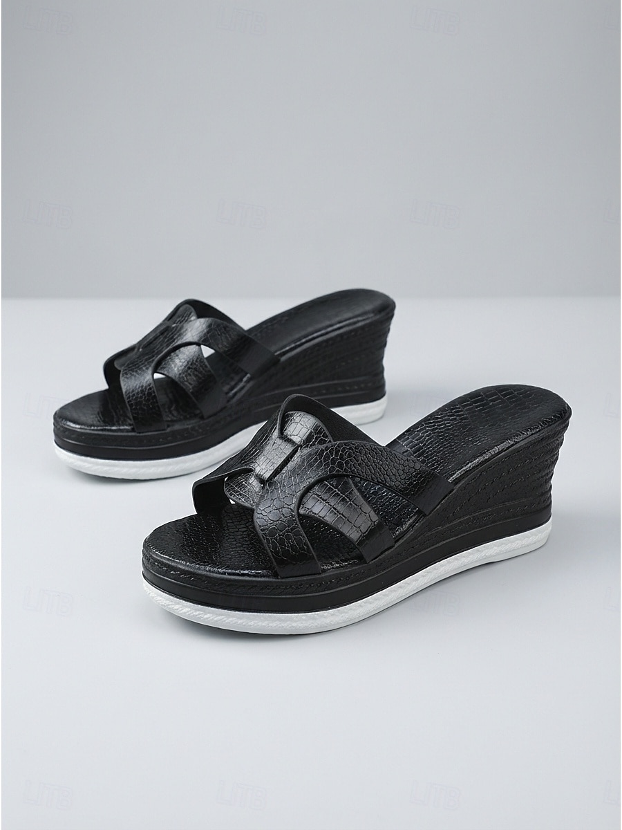 Elegante schwarze Keilsandalen mit Krokodilprägung für Damen – bequeme Plateau-Sandalen für den Poolbereich von Luxushotels und tropische Resorts &Sommerurlaubsoutfits 2026 - $29.99 –P3