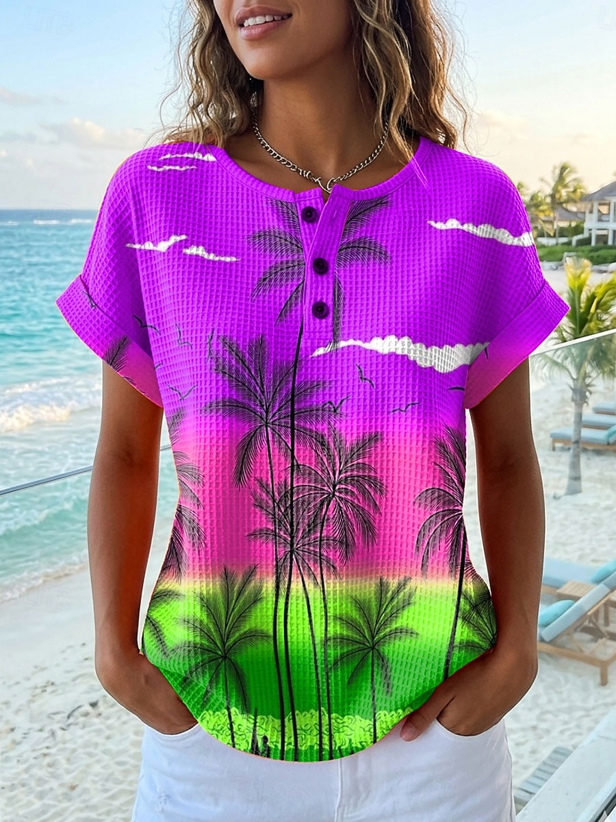Top in maglia waffle per donna T-shirt a blocchi di colore grafica geometrica elegante classica maniche corte a girocollo top regolari sportivi quotidiani blu viola arancione verde estivo primaverile del 2026 a $24.99 –P4