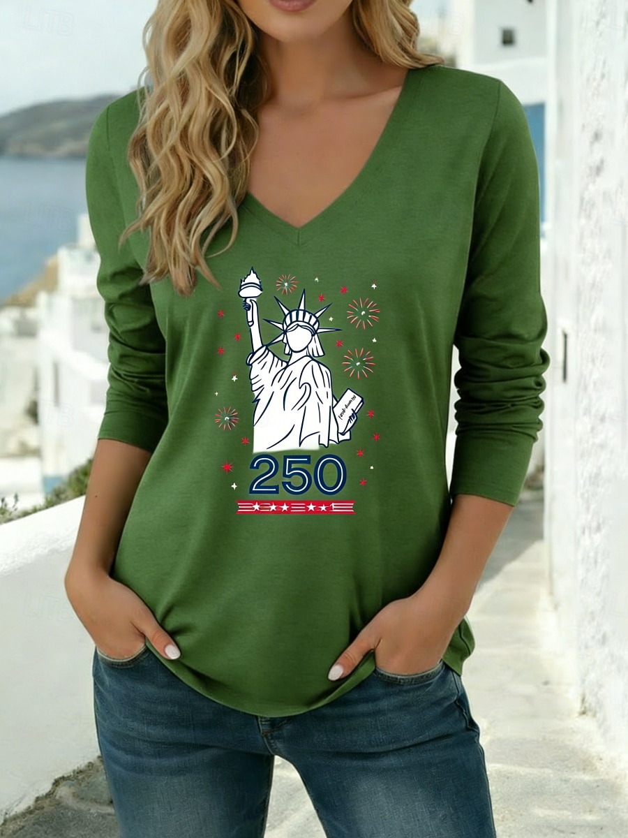 Amerikanska självständighetsdagen Dam T-shirt T-tröja Mönster Grafisk Mode Modern Ledigt Långärmad V-hals Vanliga toppar Dagligen Utekväll Helgen Blå Svart Vit Vin Armégrön Vår Höst 2026 - $21.99 –P4