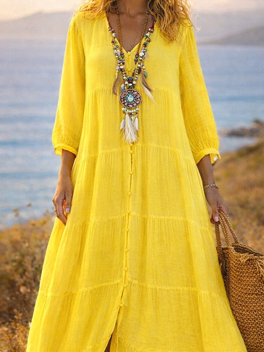 Femmes Robe Maxi Robe maxi Robes effet lin Robe Chemise Robe d'Été Robe Caftan Vacances Basique Moderne Quotidien Week-end Coupe Ample Uni Manche 3/4 Col en V Bleu Blanche Jaune Été Printemps de 2026 ? $34.99 –P4