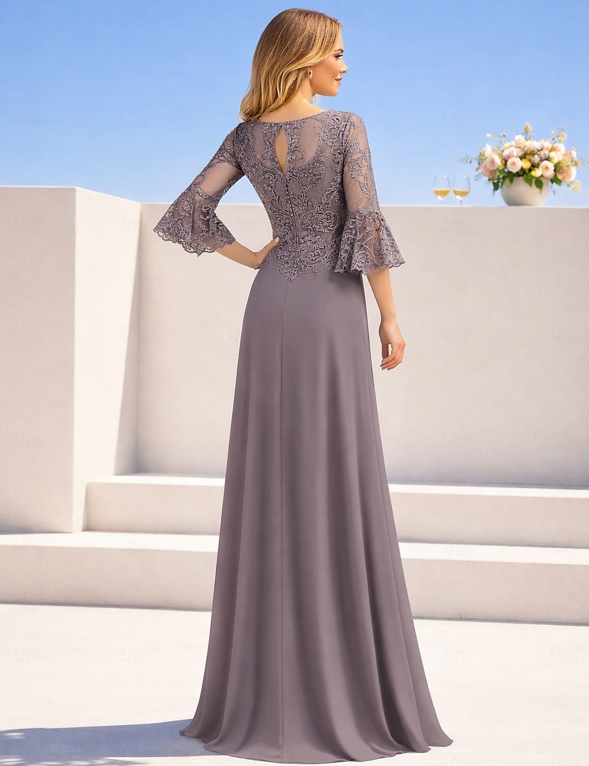 Corte A Hasta el Suelo Vestido Invitada Boda Vestido formal Vestido de noche Vestido de Madrina Manga Larga Cuello Barco Elegante Formal Invitado a la boda Noche formal Gasa con Un Color 2026 - $183.99 –P2