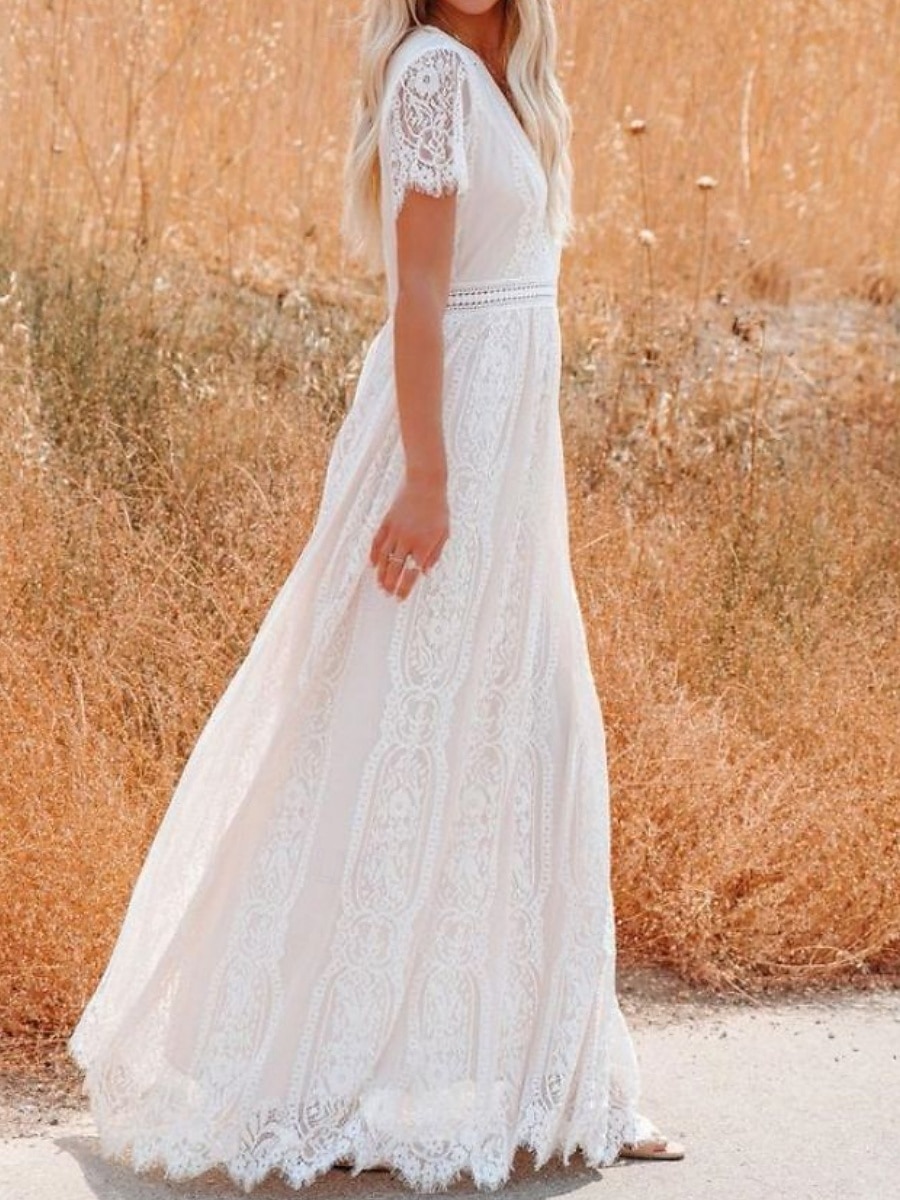 Women's Maxi Dress White Lace Dress Elegant Fashion Modern Outdoor Vacation Going out Regular Fit Plain Short Sleeve V Neck White Summer Spring 2026 - $43.99 –P4