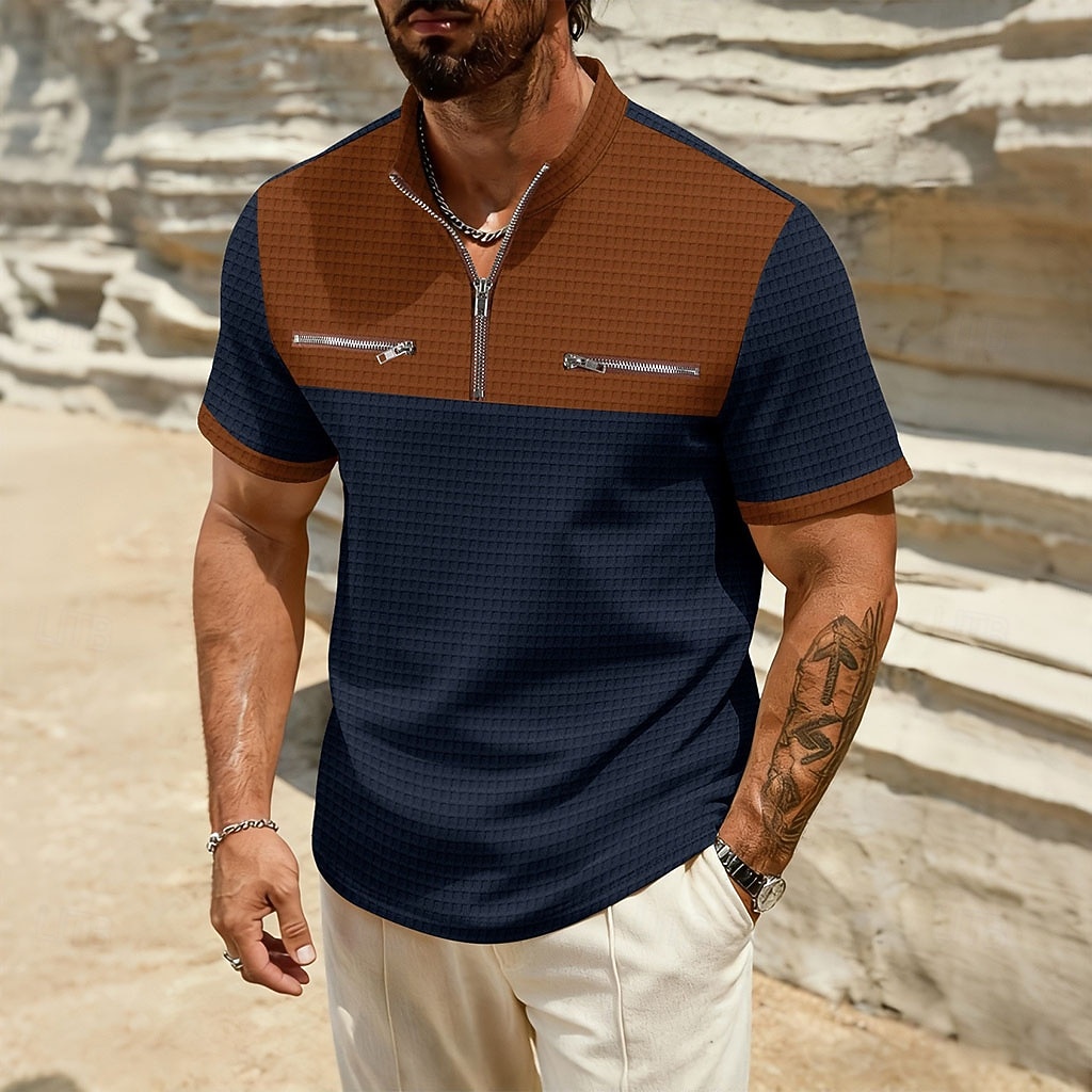 Per uomo Maglietta Waffle Maglietta Camicia a Maniche Corte Manica Corta Collo alla coreana Estate Primavera Blocco di colori Streetwear Elegante Casual Tasche Con zip Blocco di colore Casuale del 2026 a $22.99 –P7