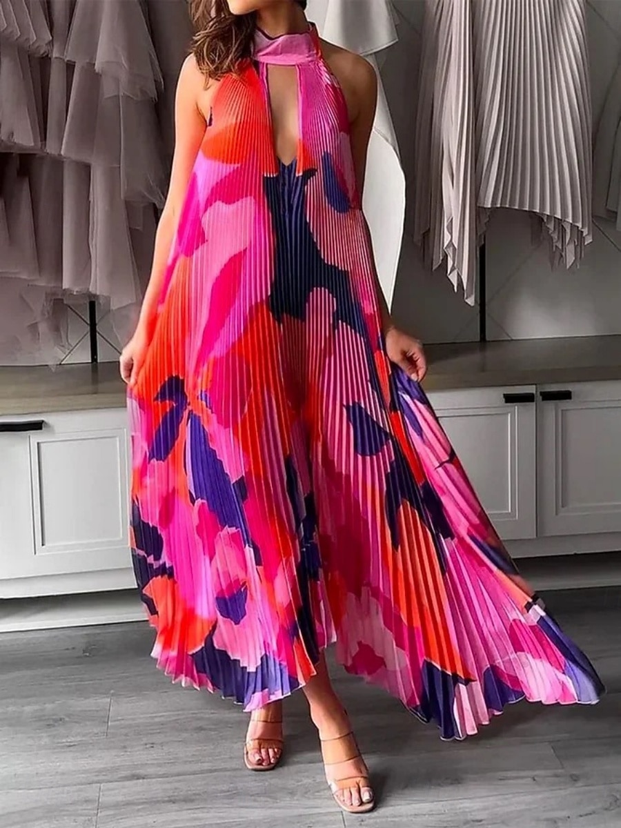 Dames Maxi-jurk Swingjurk Bloemetjesjurk Jurk met halternek Elegant Modieus Modern Buiten Vakantie Feest Ruim Passend Bloemig Mouwloos Halternek Oranje Bruin Rode roos Zomer Lente 2026 - $32.99 –P1