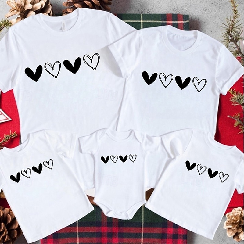 Family T shirt Tops Heart Casual Print Black White Short Sleeve Active Matching Outfits 2026 - $21.99 –P2