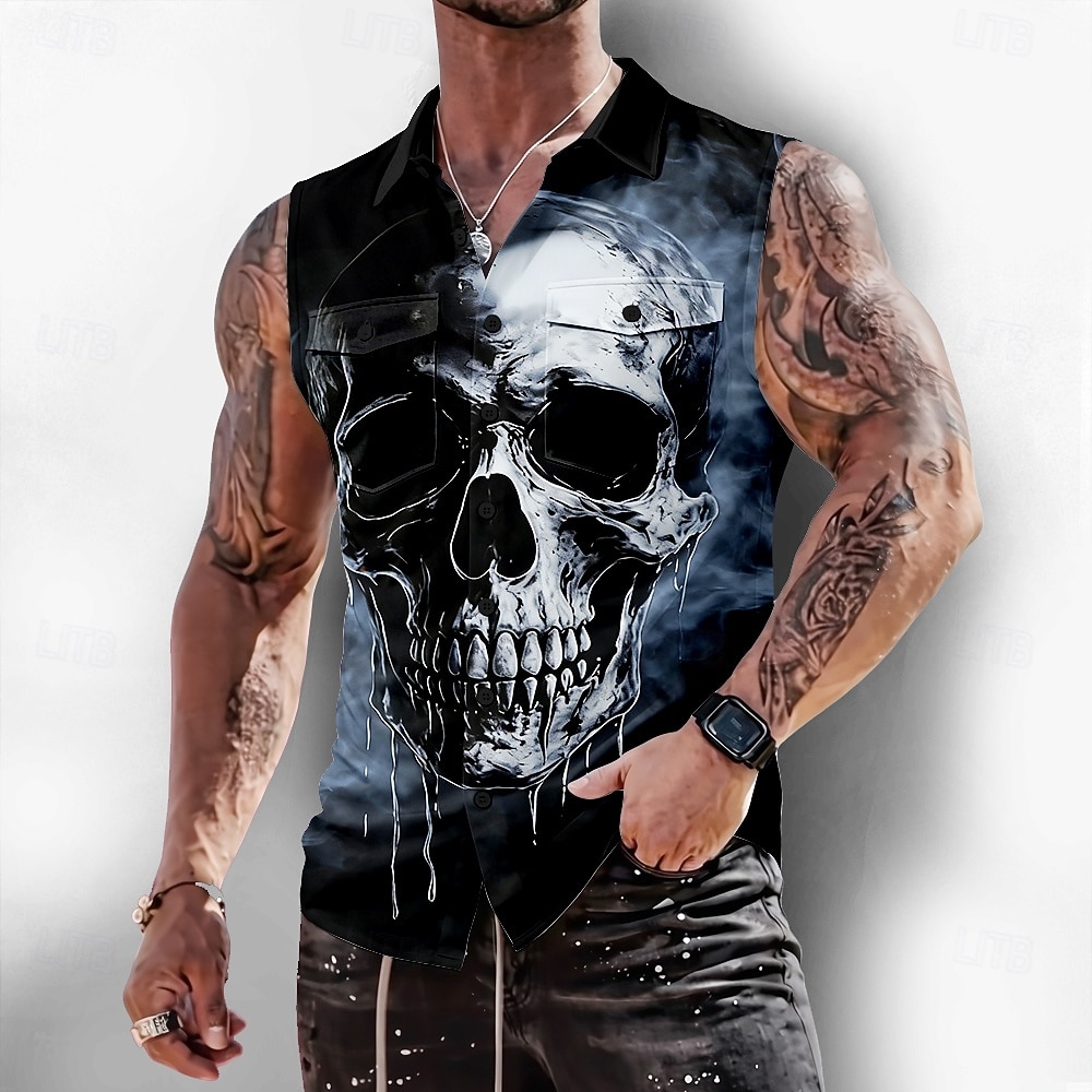 Per uomo Teschio Scheletro Horror Camicia Camicia con Bottoni Maglietta senza maniche Senza Maniche Stile gotico oscuro All'aperto Casual Estate Primavera Collo ripiegato Stampa 3D Due tasche del 2026 a $25.99 –P2