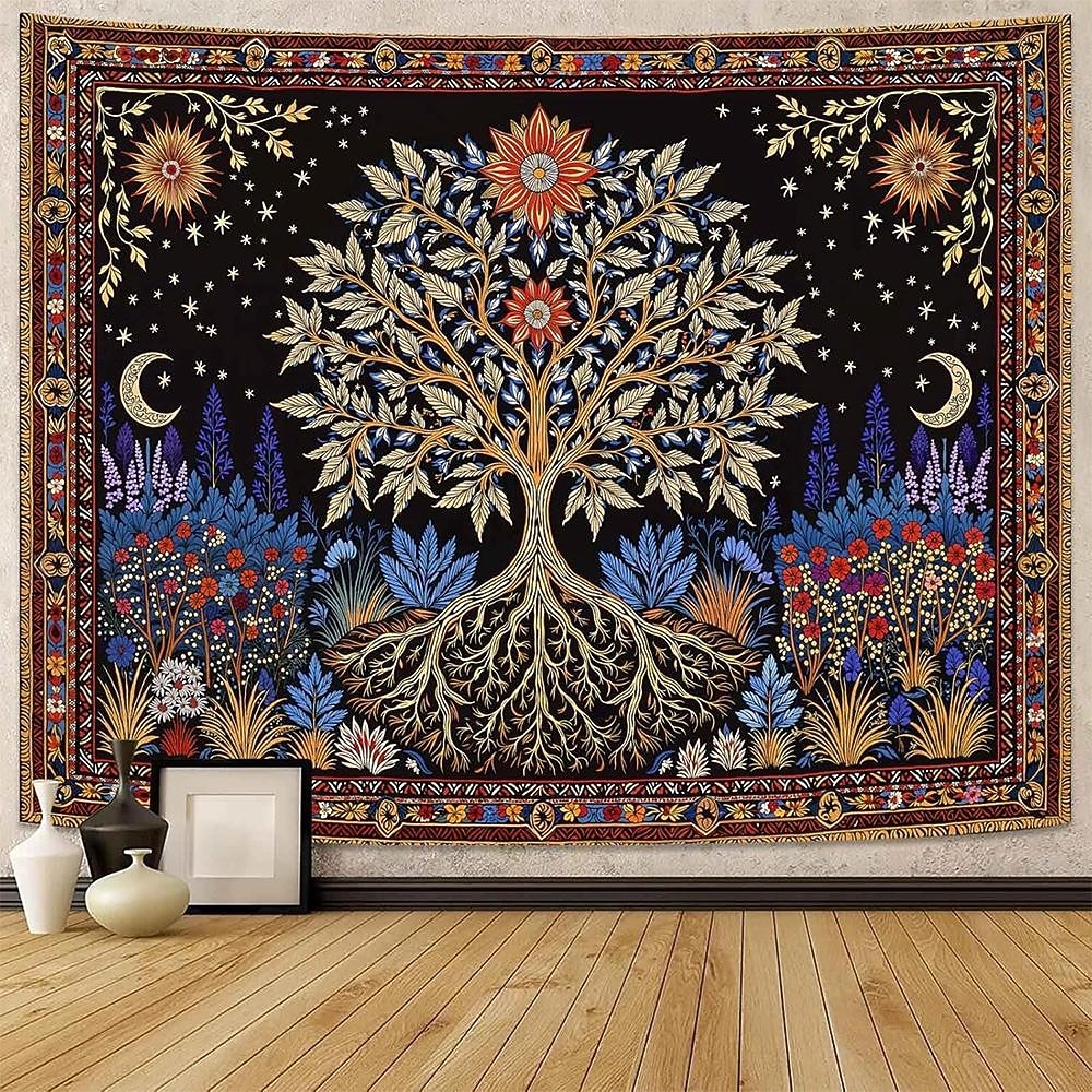 Tapiserie de perete boemă cu arborele vieții, artă populară, mandala, soare, lună, stele, grădină, model etnic floral, suspendată pentru sufragerie, dormitor, decor de cămin, fundal de artă de perete 2026 - $19.99 –P1