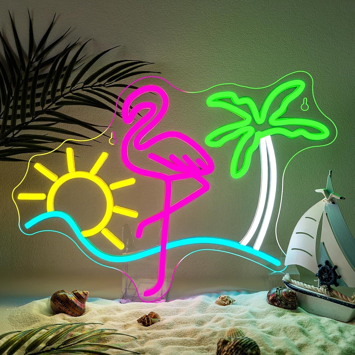 plameňák, koktejl, palma &Nástěnná svítidla s neonovým nápisem s vlnami, napájení přes USB, stmívatelné LED světlo s barevnými možnostmi pro interiér, ložnici, obývací pokoj, hernu, bar, párty, 2026 - $30.99 –P5