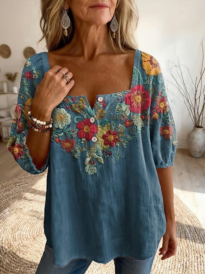 Γυναικεία Μπλούζα Σουρωτά Κεντητό Στάμπα Φλοράλ Γραφική Λαχούρι Καθημερινά Στυλάτο Βασικό Μισό μανίκι Τετράγωνη Λαιμόκοψη Κανονικά μπλουζάκια Καθημερινά 2026 - $29.99 –P4