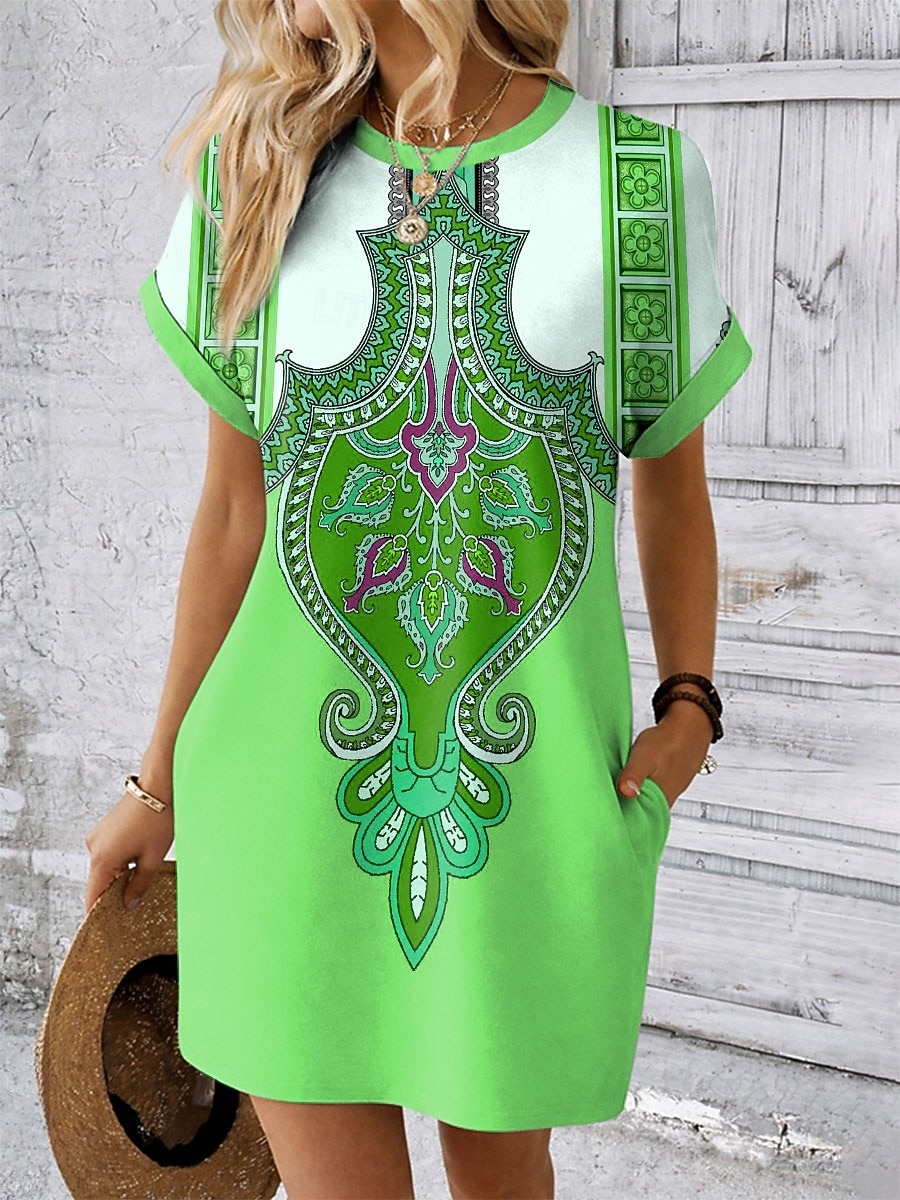 Damen Minikleid Shiftkleid T-Shirt-Kleid Sommerkleid Lässig Täglich Ferien Date Normale Passform Grafik Stammes Ethnisch Kurzarm Rundhalsausschnitt Blau Rote Purpur Grün Sommer Frühling 2026 - $25.99 –P4