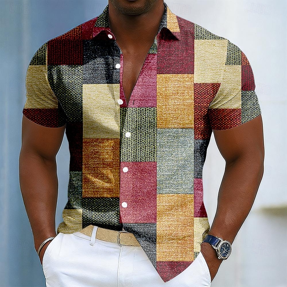 Per uomo Geometrico Blocco di colori Patchwork Camicia Camicia con Bottoni Manica Corta Moda Casual Quotidiano All'aperto Vacanza Estate Primavera Collo ripiegato Stampa 3D Camicia tipo lino Blu Rosso del 2026 a $25.99 –P1