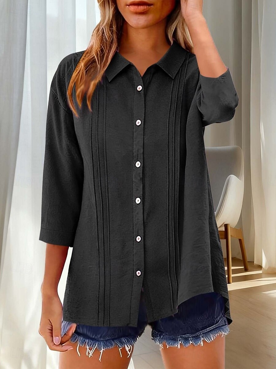 Per donna Camicia Blusa Camicia di cotone Arricciato Bottoni Tinta unica Elegante Classico Moderno Manica Lunga Colletto a Camicia Top Regolari Quotidiano Ferie Uscire Nero Bianco Giallo Rosa Vino del 2026 a $27.99 –P4