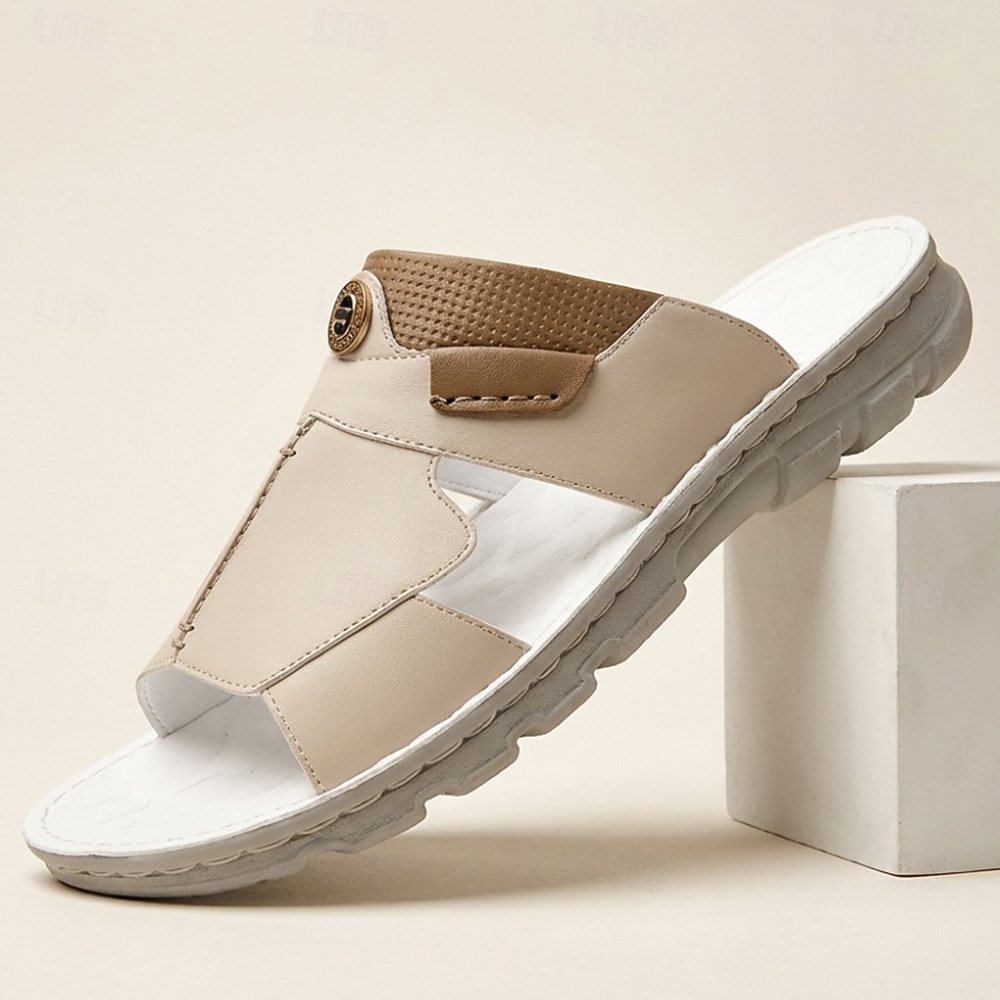 Sandalias planas de hombre en color beige y blanco con aberturas, puntera abierta, estilo casual, cómodas, ideales para el verano, vacaciones en la playa, resorts, viajes, uso doméstico, actividades al aire libre y un estilo relajado para climas cálidos. 2026 - $42.99 –P1