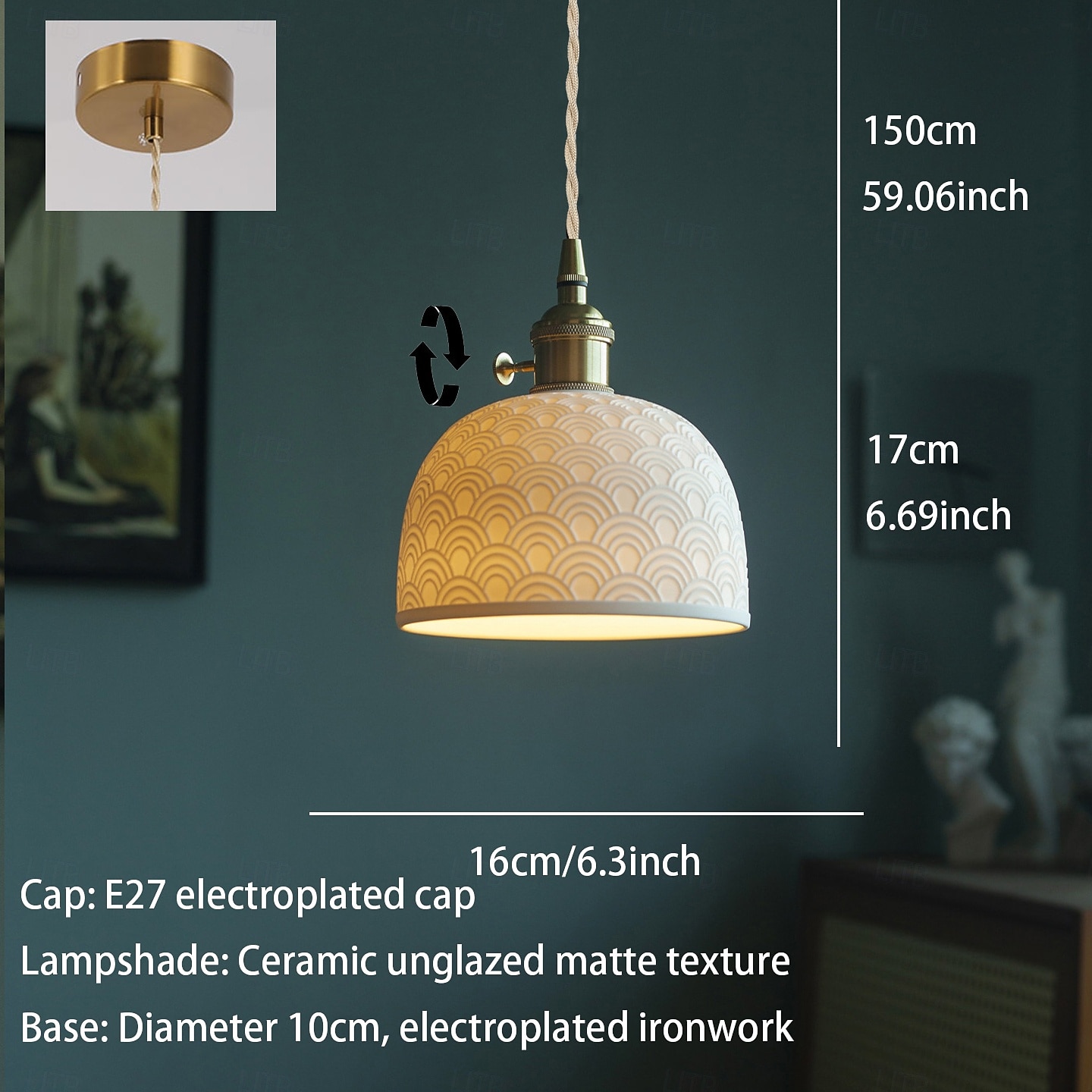 moderni messinkinen kupumainen kattokruunu moderni valkoinen keraaminen riippuvalaisin pohjoismaisen kultainen keittiösaarekkeen riippuvalaisin ruskea säädettävä ripustusjohto ravintolan yöpöydälle, baaritiskille, kahvilaan, makuuhuoneeseen 2026 - $95.99 –P8