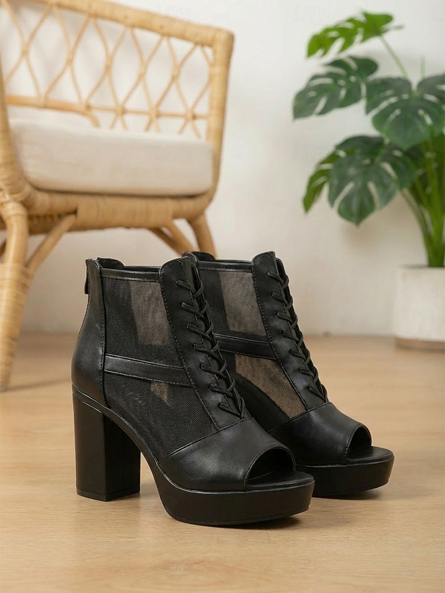 Sandalias profesionales de tacón de malla negra para mujer - zapatos de oficina transpirables con tacón de bloque y cierre de cordones seguro en la parte delantera. &Sandalias abiertas para el trabajo 2026 - $46.99 –P2