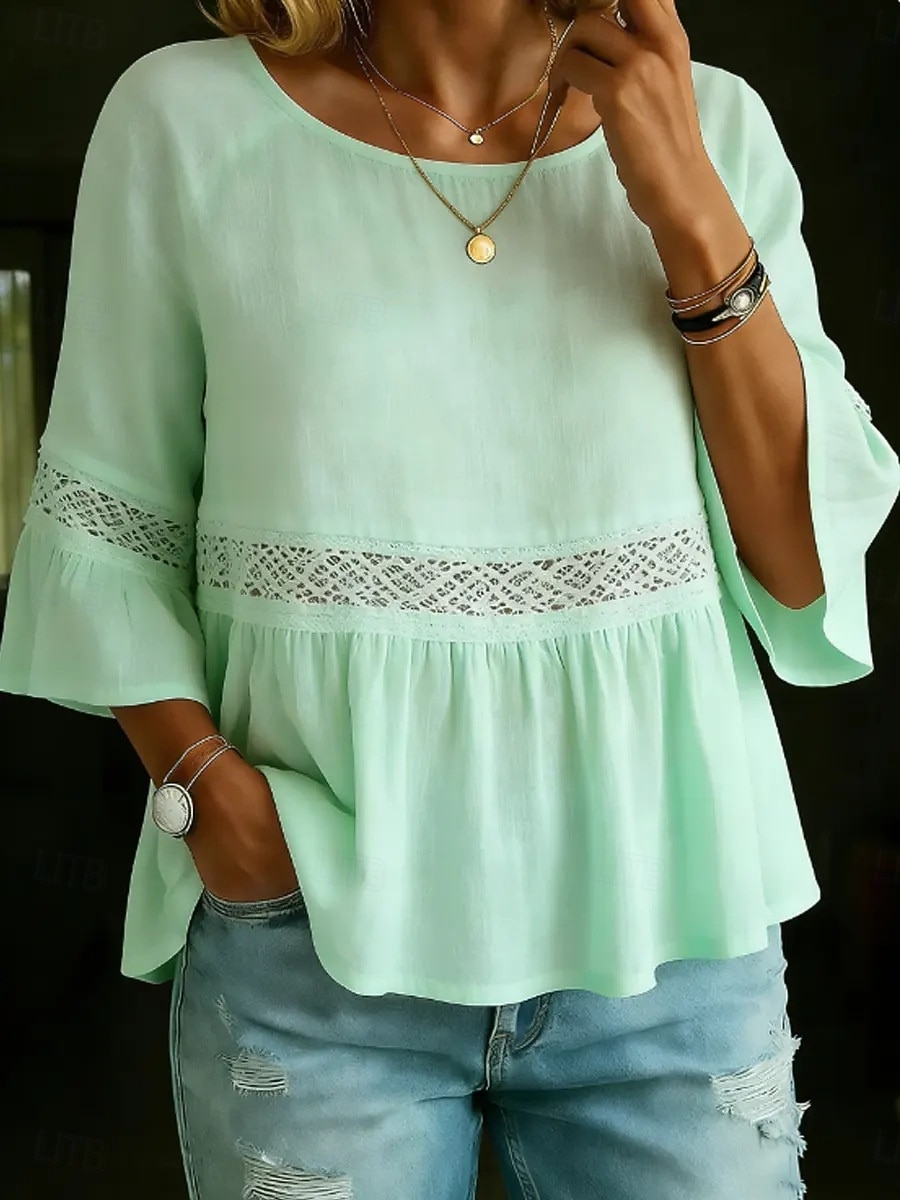 Per donna Blusa Volant Traforato Tinta unica Lussuoso Casual Manica 3/4 Girocollo Top Regolari Quotidiano Bianco Giallo Verde chiaro Rosa Viola chiaro Estate Primavera Autunno del 2026 a $25.99 –P4