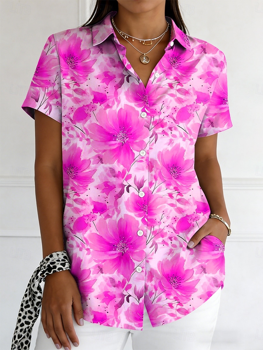 Damskie Koszula Guziki Nadruk Kwiaty Graficzny Zabytkowe Elegancki Nowoczesny Krótki rękaw Kołnierzyk koszuli Zwykłe topy Codzienny Niebieski Czerwony Fioletowy Pomarańczowy Lato Wiosna 2026 - $26.99 –P4
