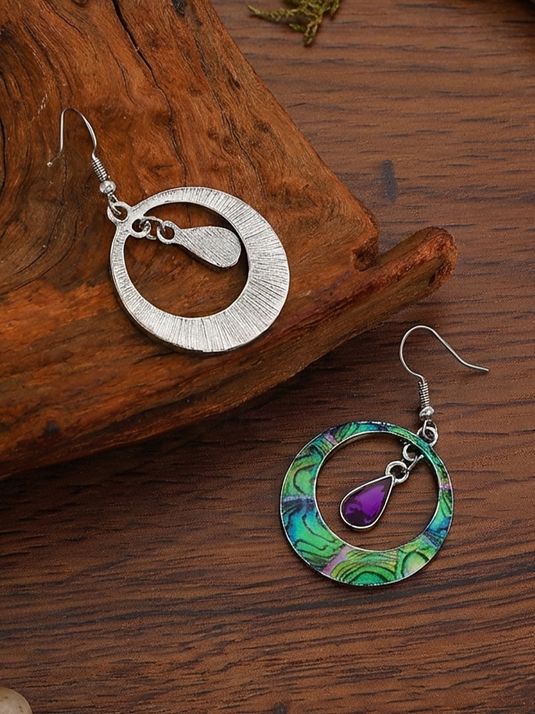 Cercei boemi din aliaj pentru femei cu lacrimă mov, design rotund colorat, perfecți pentru ținute casual zilnice și vacanțe la plajă 2026 - $7.99 –P6