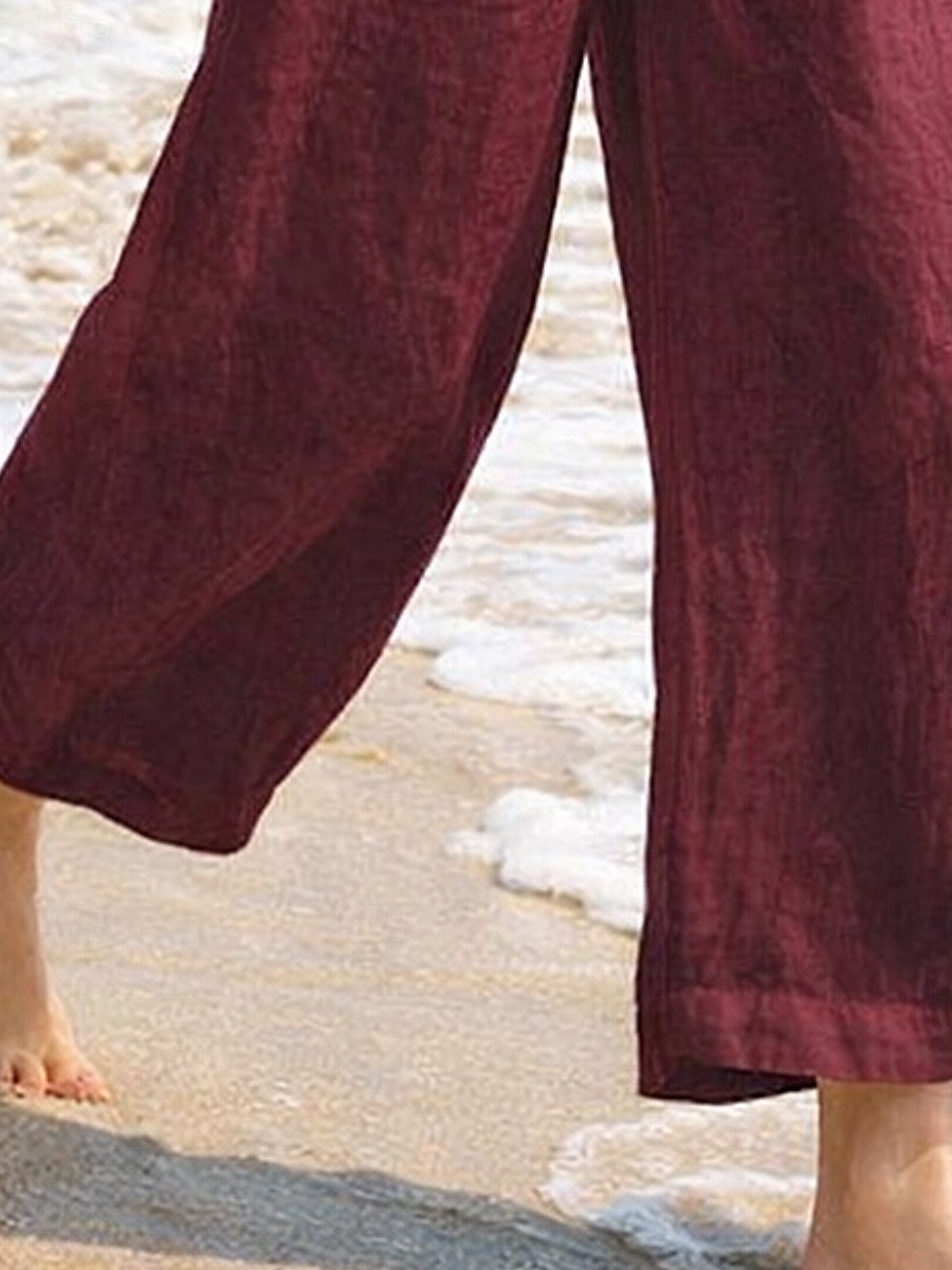 Women's Cotton Linen Pants Wide Leg Chinos Summer Pants Basic Casual Ankle-Length High Waist Plain Pocket Elastic Waistband Comfy Soft Comfortable Stretchy Outdoor Vacation Street Wine Summer Spring 2026 - $19.99 –P3