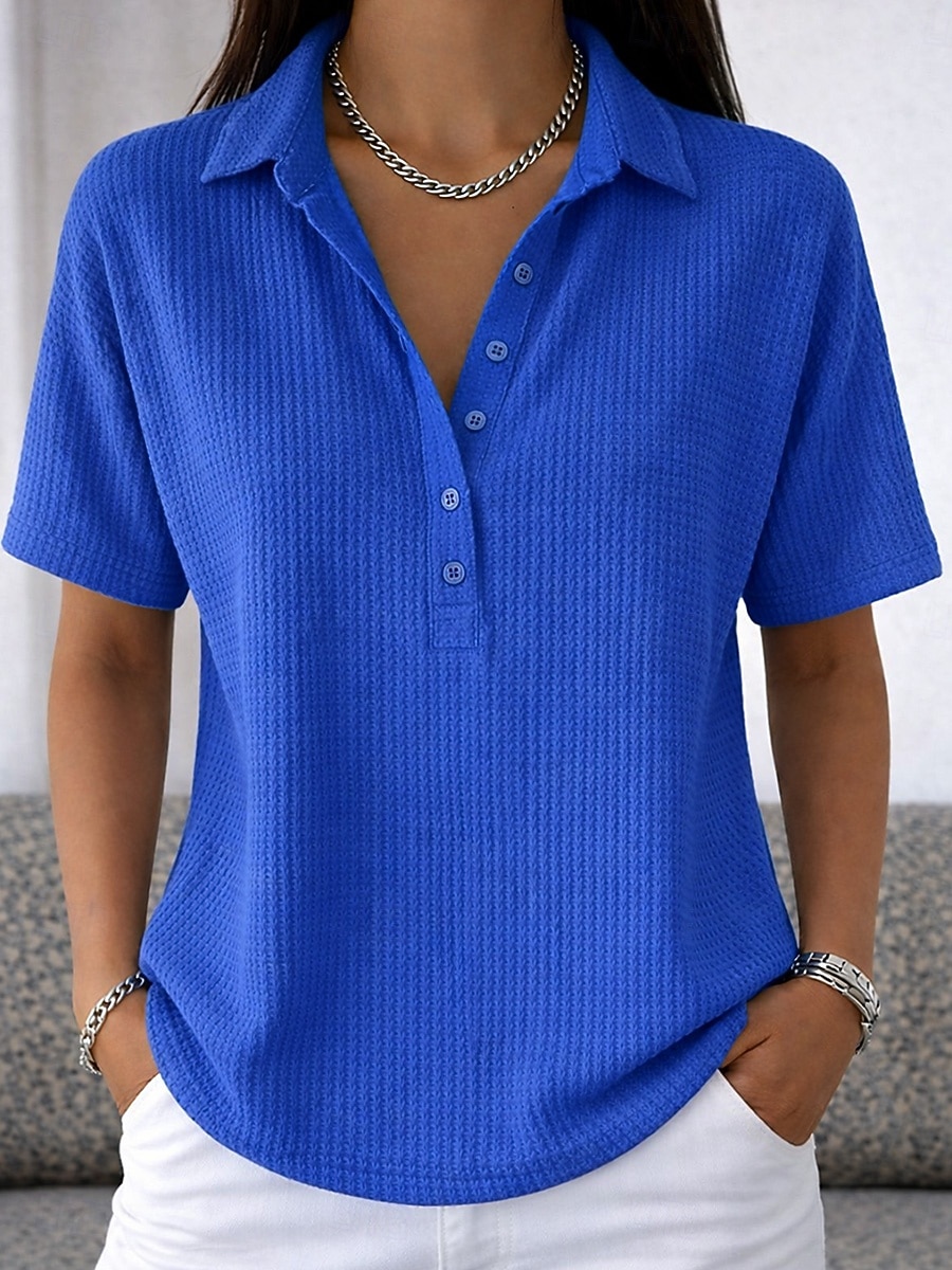 Vrouwen Wafel Tuniek Knopen Effen Kleur Eenvoudig Vintage Stijlvol Klassiek Korte Mouwen Omgeslagen Reguliere Tops Dagelijks Wit Roze Lichtblauw Zomer Lente 2026 - $27.99 –P12