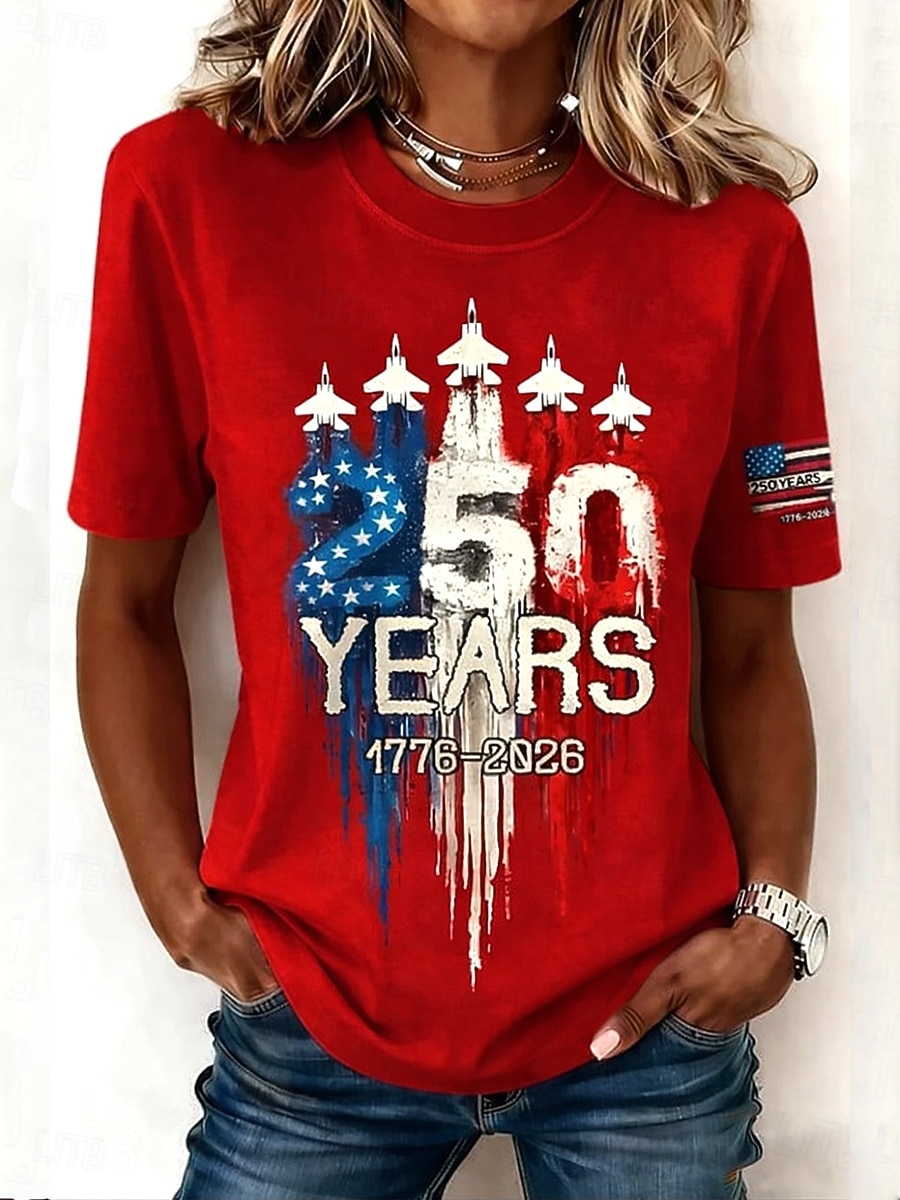Uavhengighetsdag Amerikansk Jubileum Patriotisk Dame T-skjorte Grafisk Nasjonalflagg Vintage Stilfull Klassisk Kortermet Crew Neck Vanlige Topper Daglig Helg Print Svart Sommer Vår 2026 - $22.99 –P7