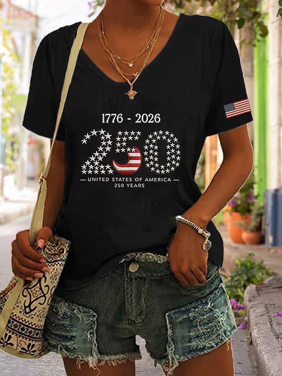 2026年 アメリカ独立記念日 女性用 Tシャツ プリント グラフィック フラッグ ヴィンテージ スタイリッシュ クラシック 半袖 Ｖネック レギュラートップス 日常 ブルー ブラック ホワイト 夏 春  コレクション – $21.99 –P1