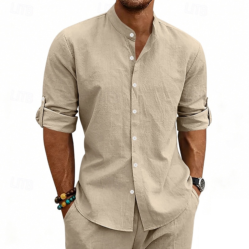 Per uomo Camicia Camicia di lino Camicia Estiva Abbigliamento da spiaggia Camicia con colletto alla coreana Camicia con Bottoni Semplice Casuale Vacanza Blu Nero Bianco Cachi Manica Lunga Colletto a del 2026 a $25.99 –P8