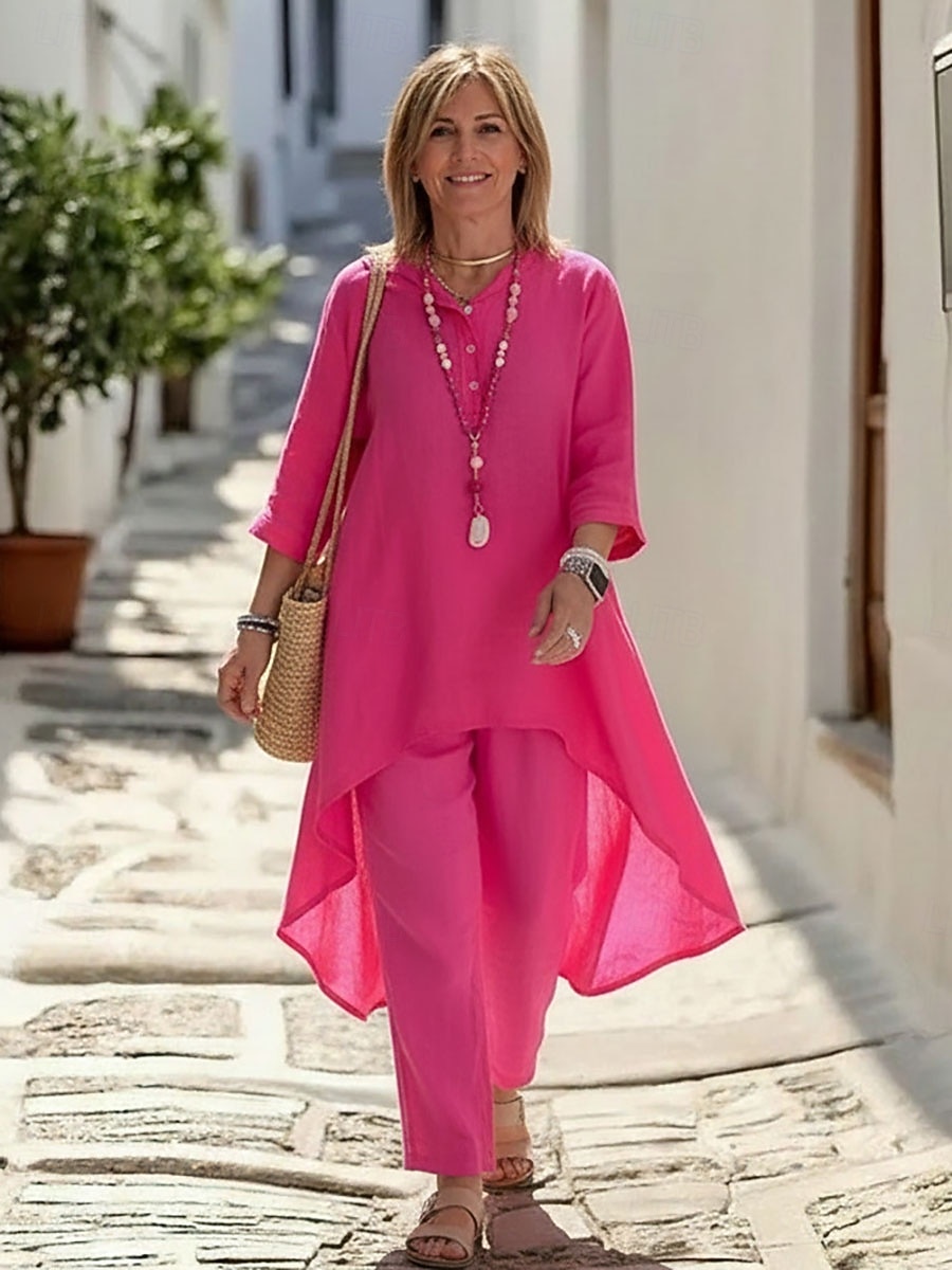 Dames Set met linnenlook Broeken Sets 3/4 mouw Strakke ronde hals Effen Met ruches Modieus Streetwear Casual Dagelijks Buiten blauw Zwart Wit Zomer Ruim Passend 2026 - $33.99 –P1