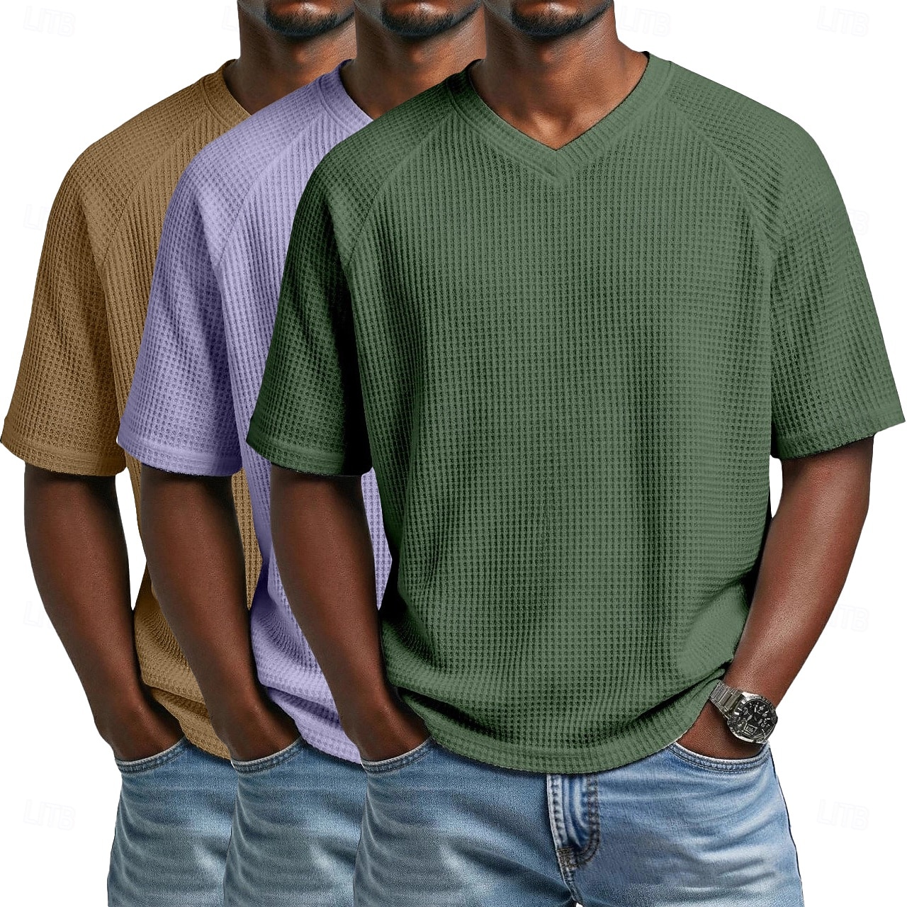 3 pezzi t-shirt da uomo waffle maglietta a maniche corte scollo a V estate tinta unita testurizzata alla moda designer casual multipack maniche raglan casual quotidiano esterno blu bianco maglietta del 2026 a $51.99 –P14
