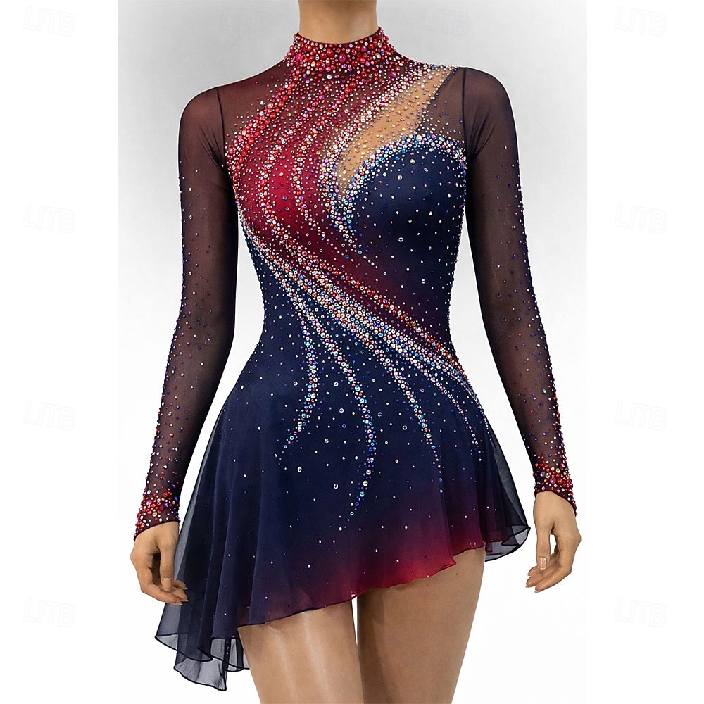 Figure Skating Dress Women's Ice Skating Dress Navy Patchwork Open Back Stretchy High Elasticity Training Competition Skating Wear Classic Crystal / Rhinestone Long Sleeve Ice Skating Figure Skating 2026 - $281.49 –P1