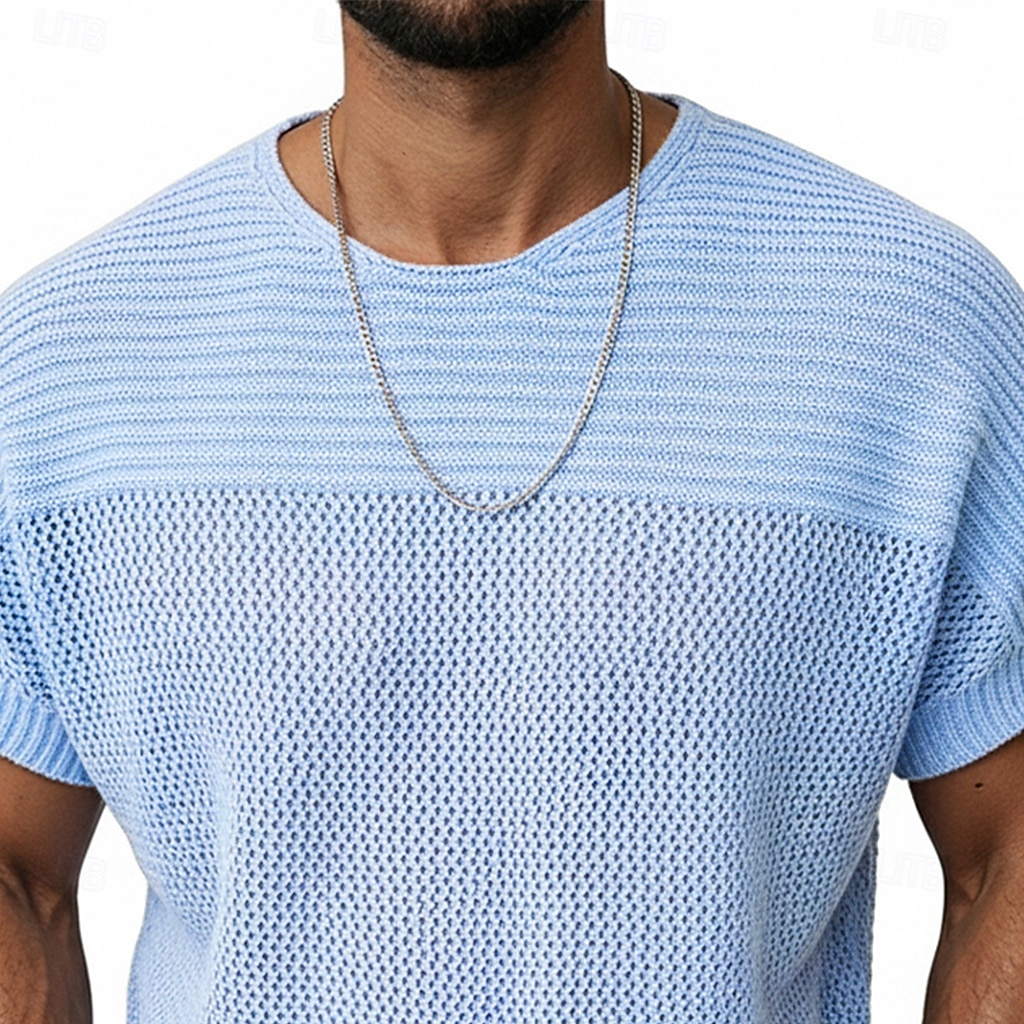 Herren Strick-T-Shirt T-Shirt Kurzarm Kurze Ärmel Rundhalsausschnitt Sommer Einfach Strickware Mode Täglich Ausgehöhlt Lässig Outdoor Streetwear Weiß Top T-Shirt für Herren 2026 - $25.99 –P2