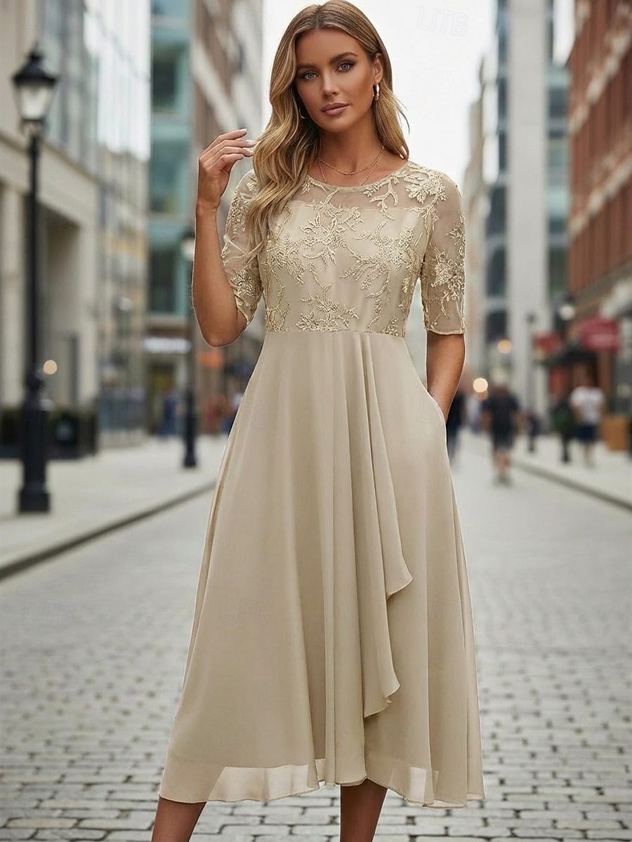 Dam Midiklänning Chiffongklänningar Spetsklänning Cocktail klänning Bröllopsgästklänning Elegant Formell Fest Bröllop Normal Halvlång ärm Rund hals Rodnande Rosa Guld Grön Mörkblå Sommar 2026 - $43.99 –P2