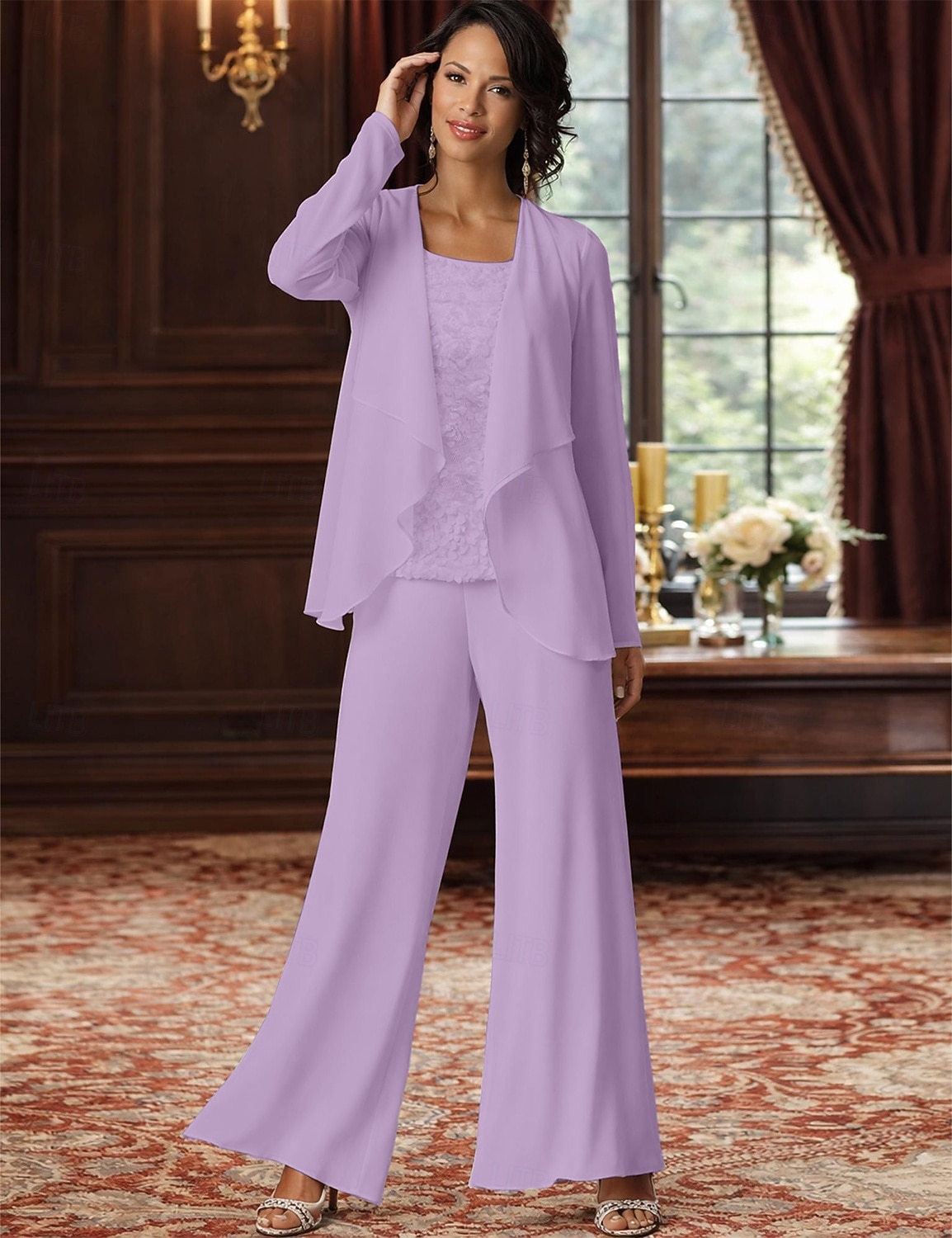 Traje de pantalón Traje de 3 piezas Hasta el Suelo Vestido de Madrina Sin Mangas Barco de cuello Elegante Talla Grande Bolero incluido Formal Invitado a la boda Gasa con Encaje 2026 - $126.99 –P9