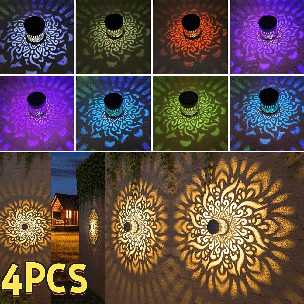 2026年 4個の屋外ソーラー中空金属マンダラ投影壁ライト、IP44防水、フェンス、階段、芝生の通路の装飾ランプ、庭、庭、ヴィラの風景ライト  コレクション – $48.99 –P1