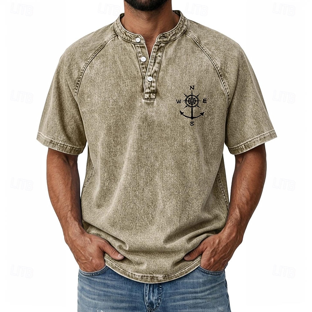 SoftFade™ Men's Demin Shirt 100% Cotton Acid Wash Shirt Henley Top Short Sleeve Vintage Distressed Casual Home Street Summer Spring Black Pink Light Green Gray Light Blue Stand Collar Henley 2026 - $31.99 –P5