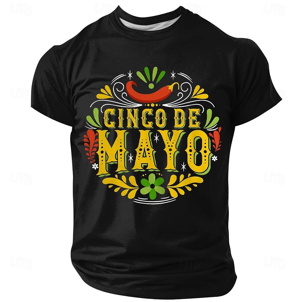 Camiseta de hombre para el Cinco de Mayo con estampado de chiles y motivos mexicanos. Manga corta, cuello redondo, estilo casual. Ideal para celebraciones. Tallas: S, M, L, XL, XXL y XXXL. 2026 - $21.99 –P3