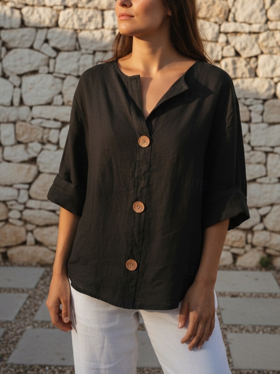 Per donna Camicia Camicie di cotone e lino Blusa Bottoni Semplice Elegante Mezza Manica Scollo a V Top Regolari Quotidiano Ferie Uscire Nero Bianco Giallo Blu marino Arancione Estate Primavera del 2026 a $14.99 –P3