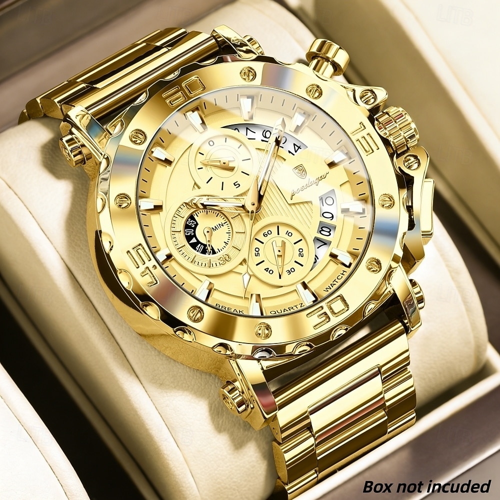Men's Gold Watch, Luxury Chronograph Big Face Quartz Analog Wristwatch with Gold Stainless Steel Band, Waterproof Luminous Business Sport Fashion Watch with Date Display, Gift for Men 2026 - $46.99 –P1
