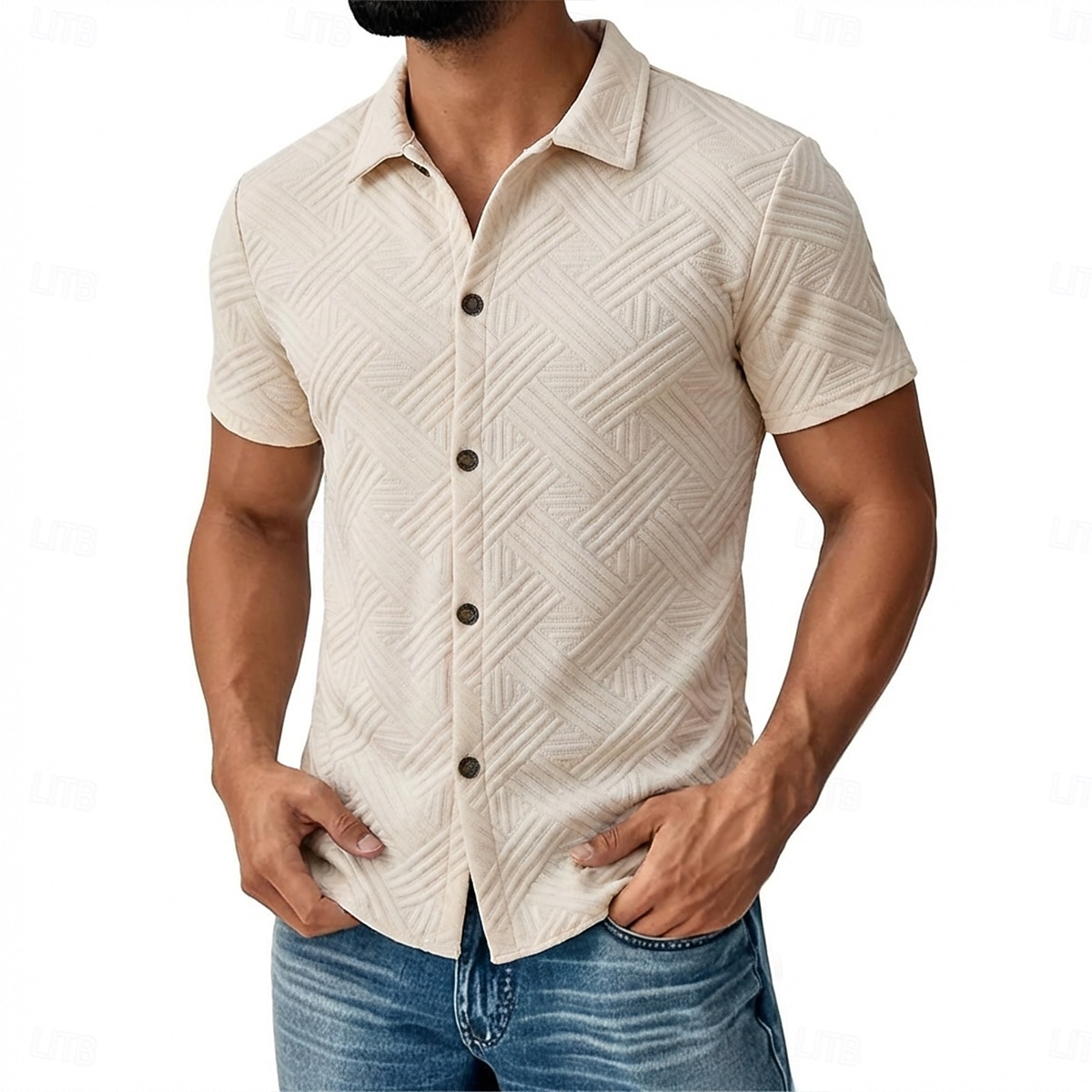 Męskie Koszula Codzienna koszula Zapinana na guziki koszula Koszula żakardowa Czarny Biały Morelowy Szary Jasnoniebieski Krótki rękaw Geometryczny Równina Klapa Codzienny Streetwear Żakard Odzież 2026 - $25.99 –P3