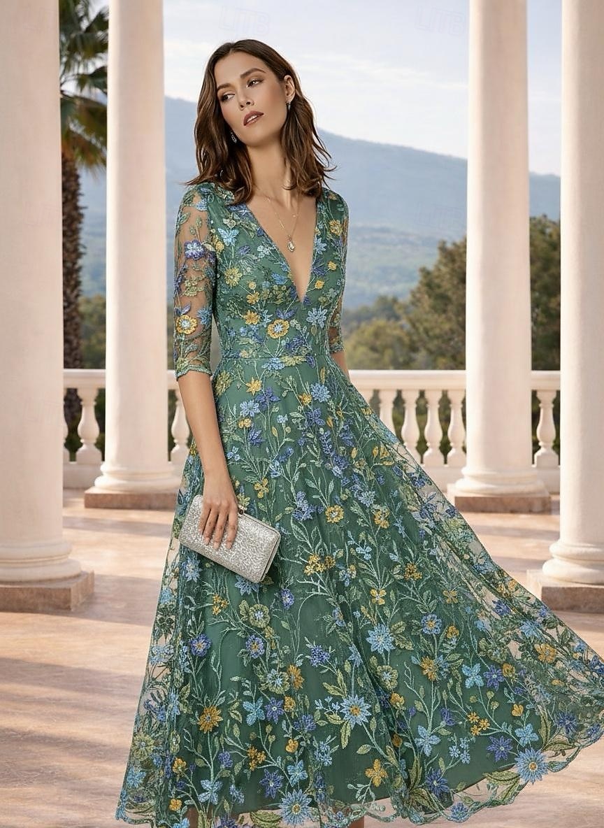 גזרת A עד הריצפה באורך הקרסול שמלות קוקטייל אלגנטית וינטאג' פרחוני חצי שרוול צווארון V מסיבת חצר חתונה סאטן תחרה גב בדוגמת דרפה עם פרח רקום ריקמה אפליקציות 2026 - $163.99 –P3